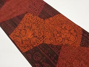 切り嵌め風縞に丸文・抽象草花・鳥模様織出し名古屋帯